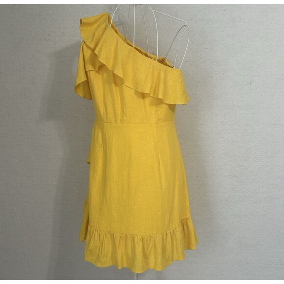 A New Day Dress Women 14 Yellow Linen Ruffle Darts 1 Shoulder Party Salsa NWT - Picture 15 of 15